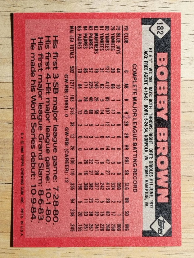 1986 Topps #182 Bobby Brown