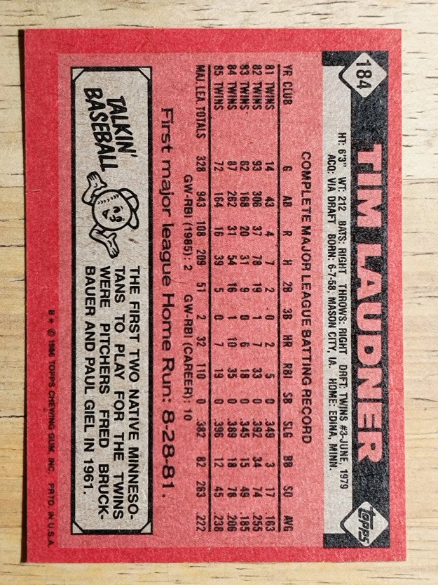 1986 Topps #184 Tim Laudner