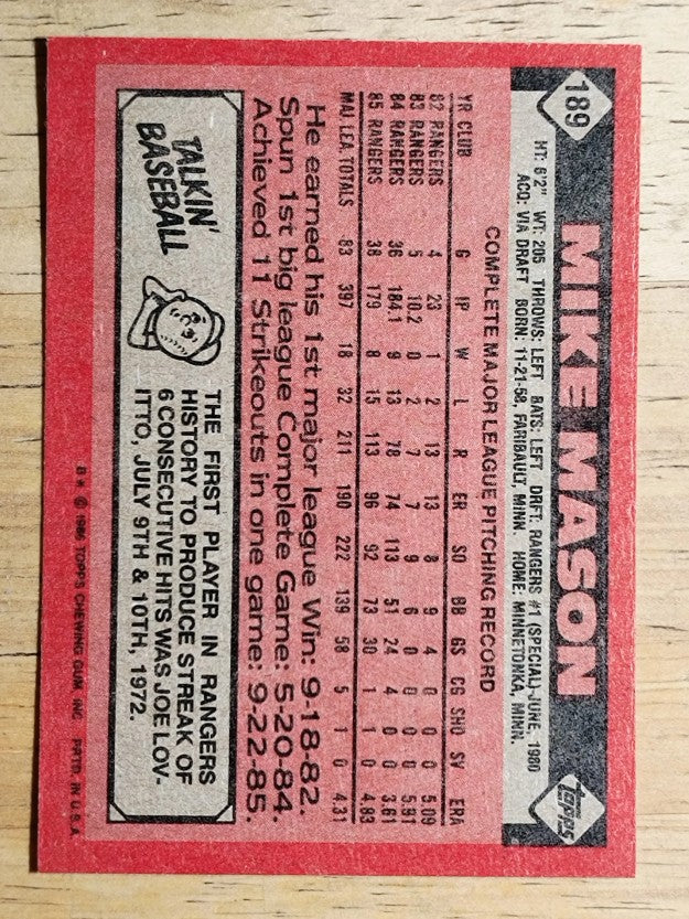 1986 Topps #189 Mike Mason