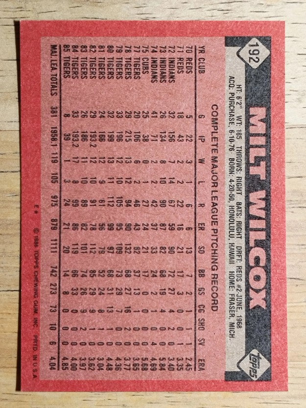 1986 Topps #192 Milt Wilcox