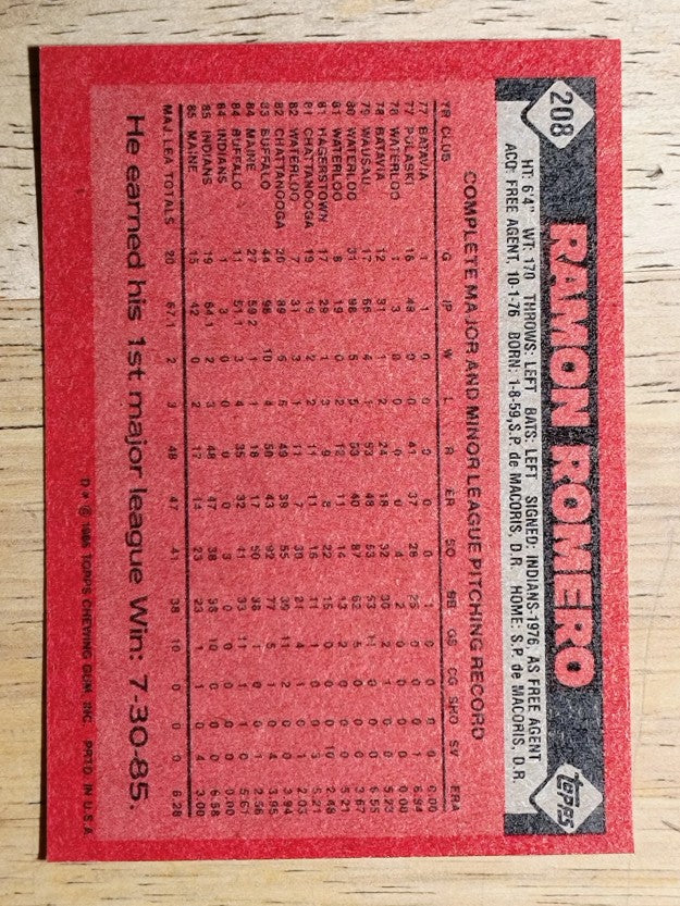 1986 Topps #208 Ramon Romero