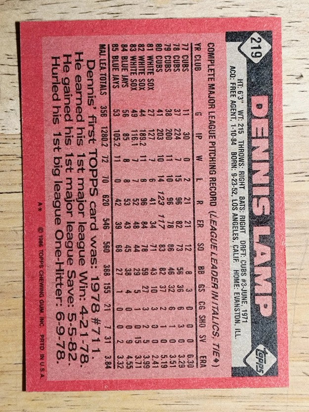 1986 Topps #219 Dennis Lamp