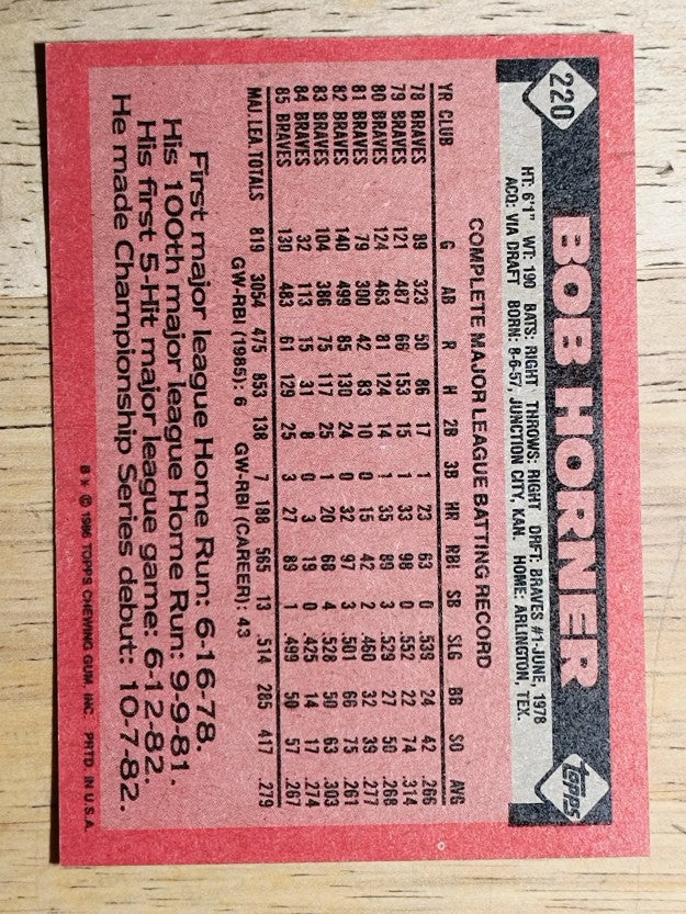 1986 Topps #220 Bob Horner