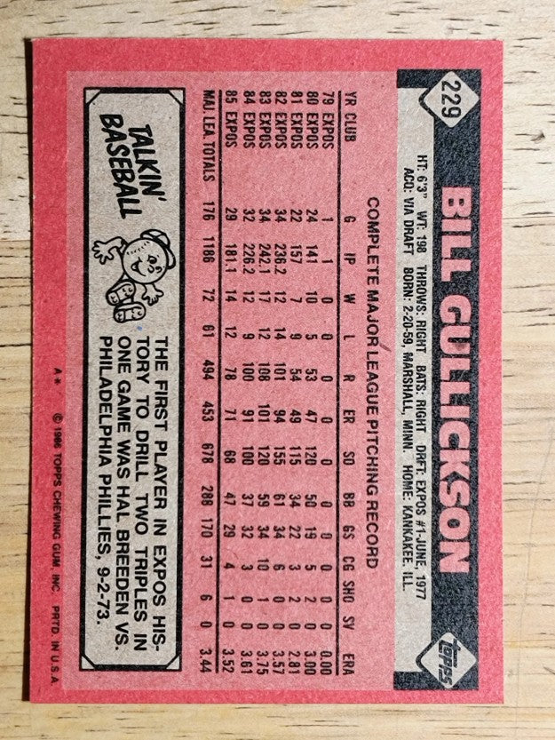 1986 Topps #229 Bill Gullickson