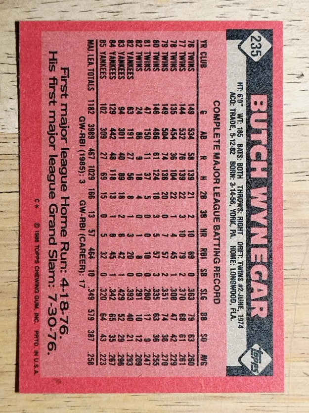 1986 Topps #235 Butch Wynegar