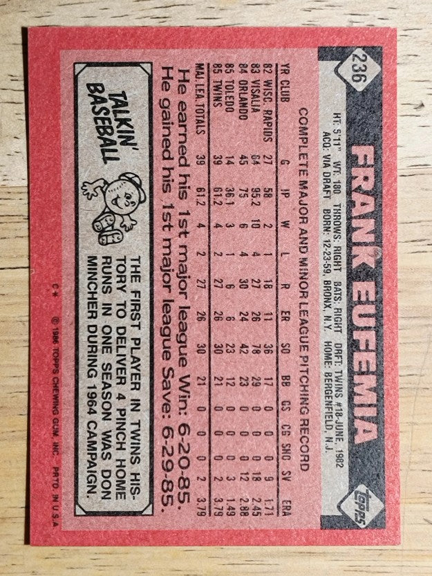1986 Topps #236 Frank Eufemia