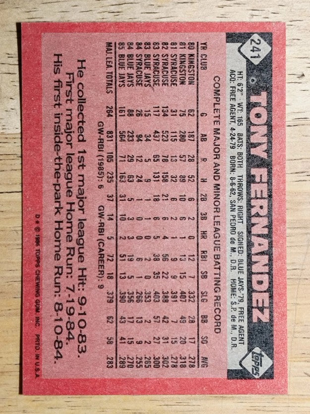 1986 Topps #241 Tony Fernandez