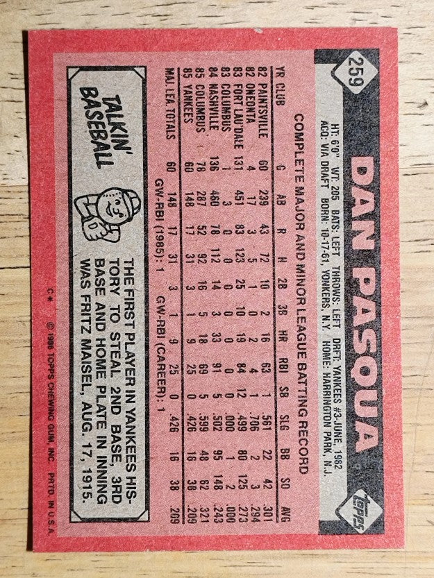 1986 Topps #259 Dan Pasqua