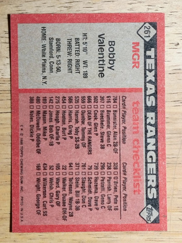 1986 Topps #261 Bobby Valentine MG