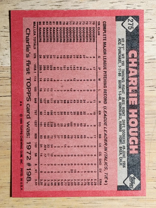 1986 Topps #275 Charlie Hough