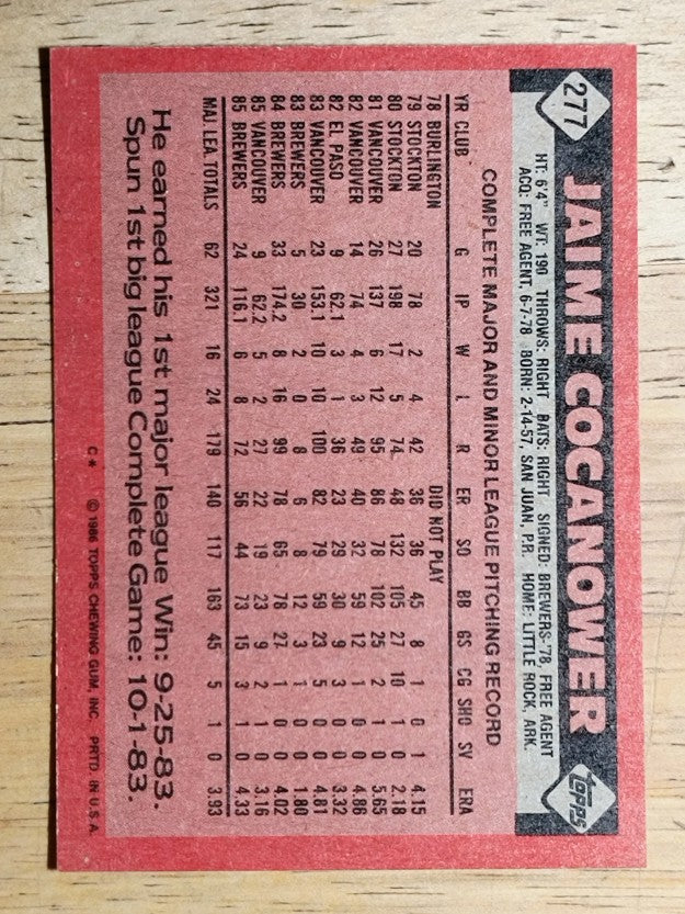 1986 Topps #277 Jaime Cocanower