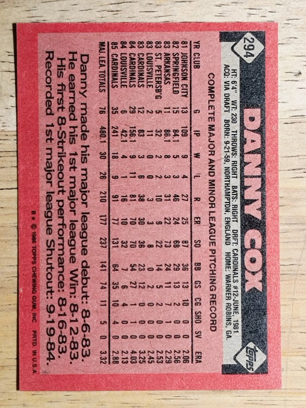 1986 Topps #294 Danny Cox