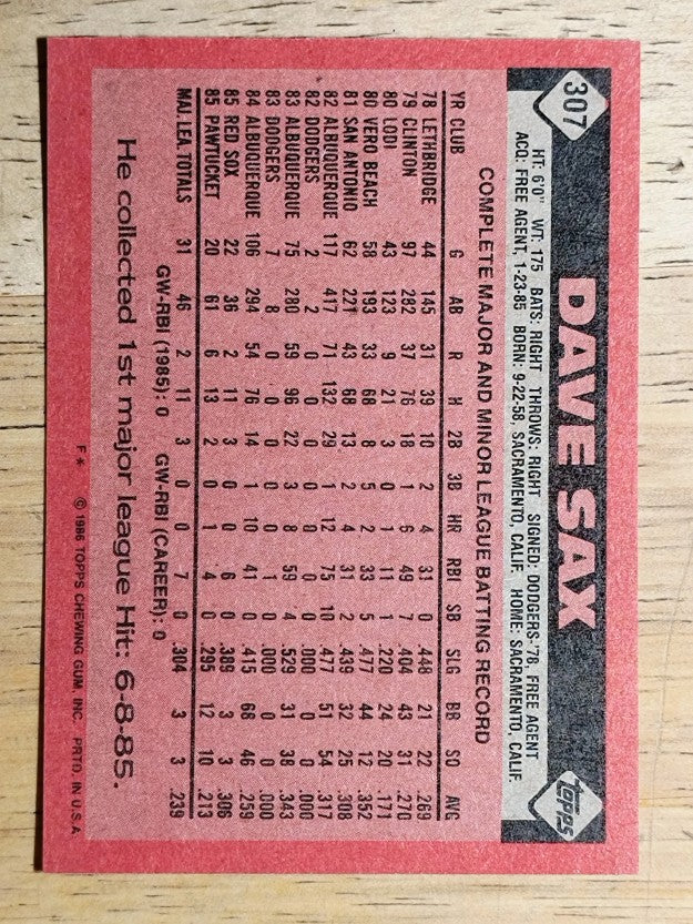 1986 Topps #307 Dave Sax