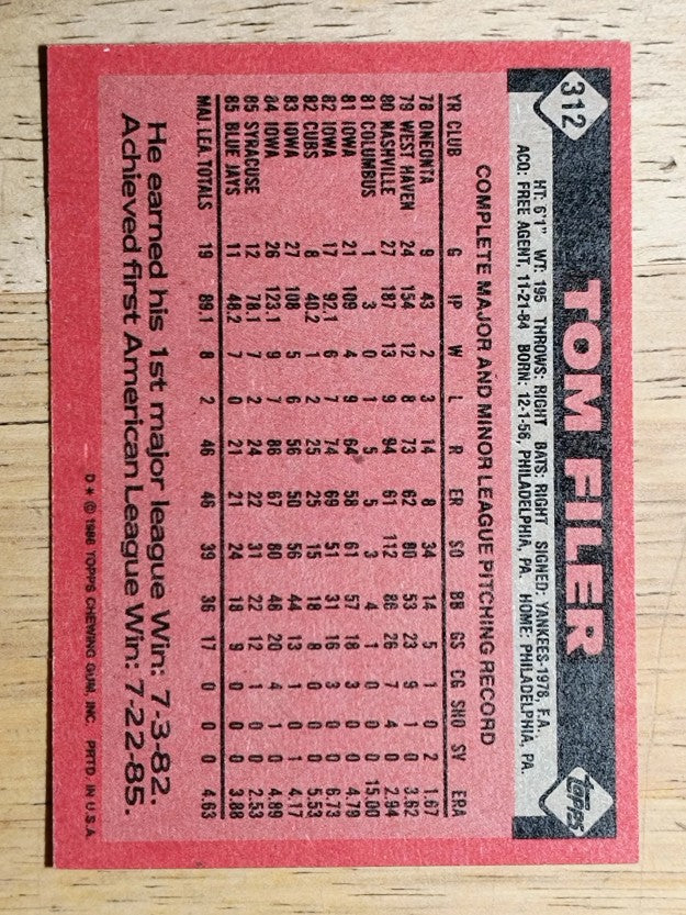 1986 Topps #312 Tom Filer
