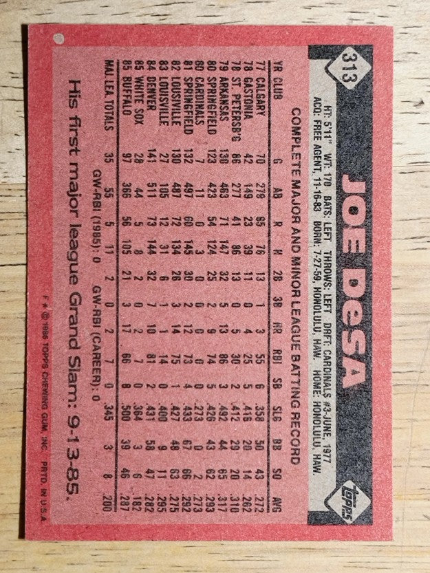 1986 Topps #313 Joe DeSa
