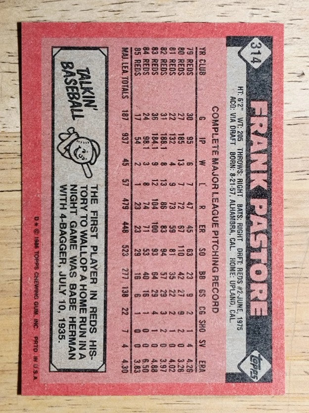 1986 Topps #314 Frank Pastore