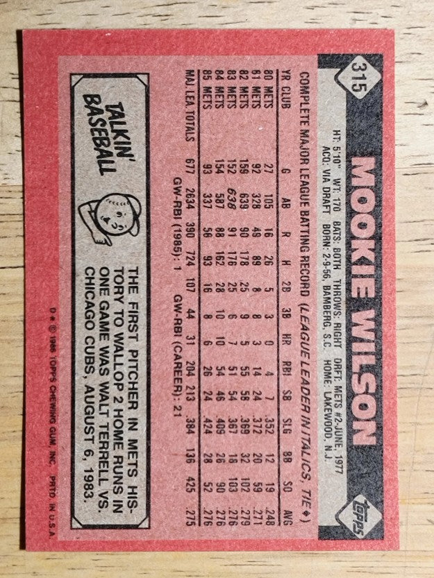 1986 Topps #315 Mookie Wilson