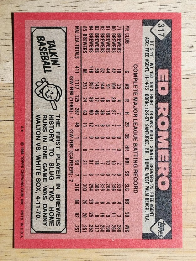 1986 Topps #317 Ed Romero