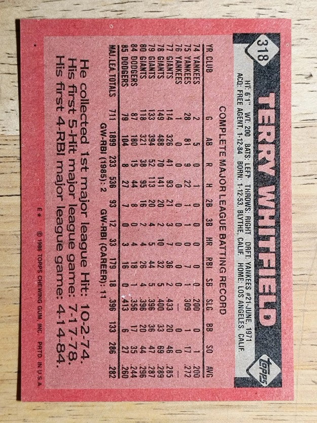 1986 Topps #318 Terry Whitfield