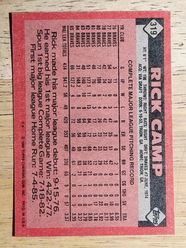 1986 Topps #319 Rick Camp