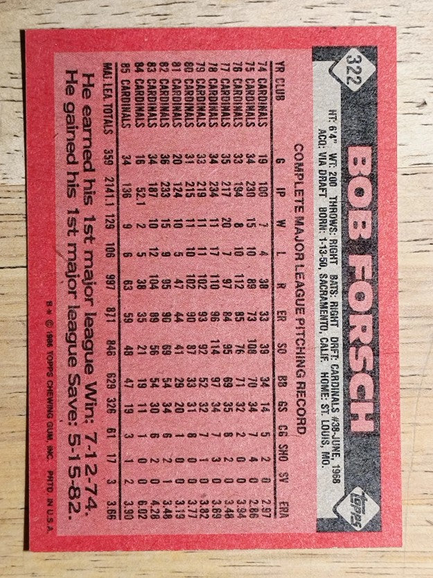 1986 Topps #322 Bob Forsch