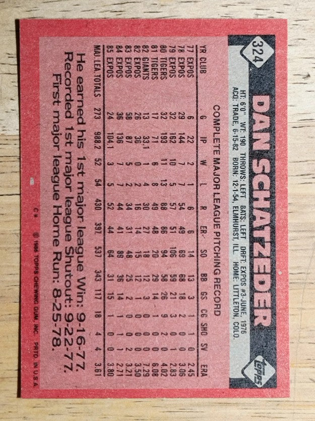 1986 Topps #324 Dan Schatzeder