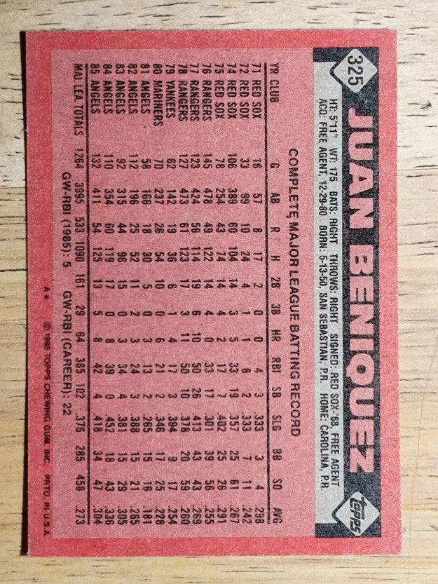1986 Topps #325 Juan Beniquez
