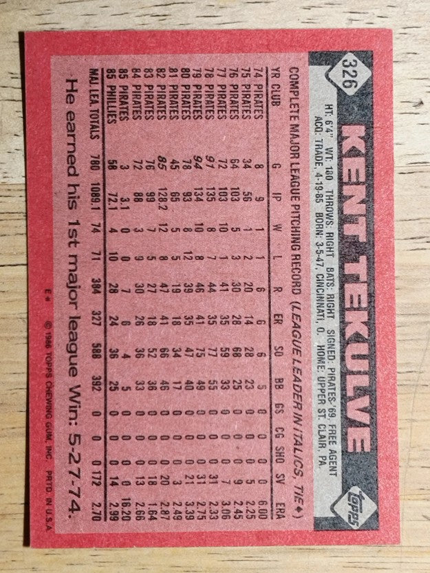 1986 Topps #326 Kent Tekulve
