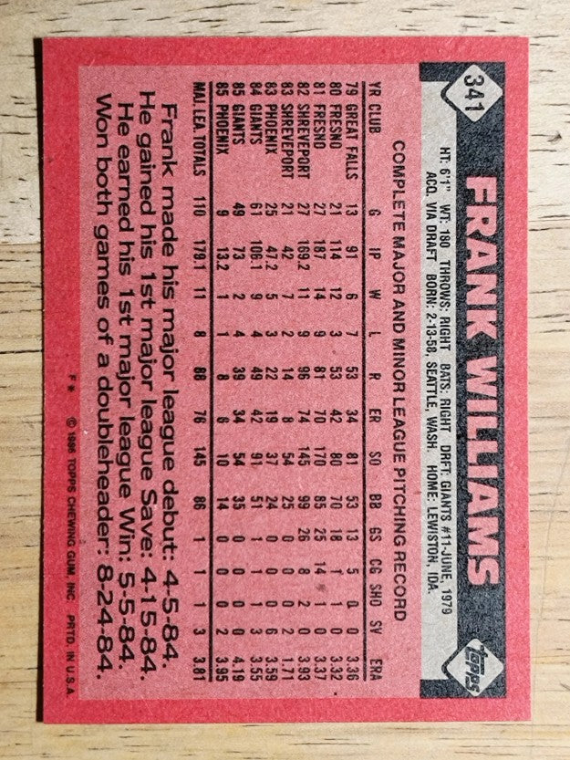1986 Topps #341 Frank Williams