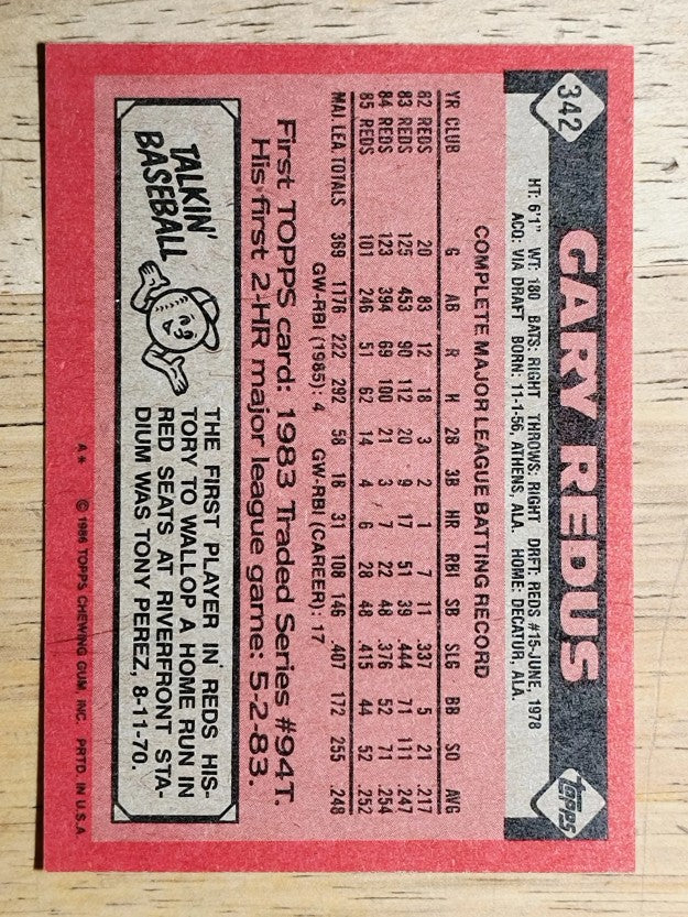 1986 Topps #342 Gary Redus
