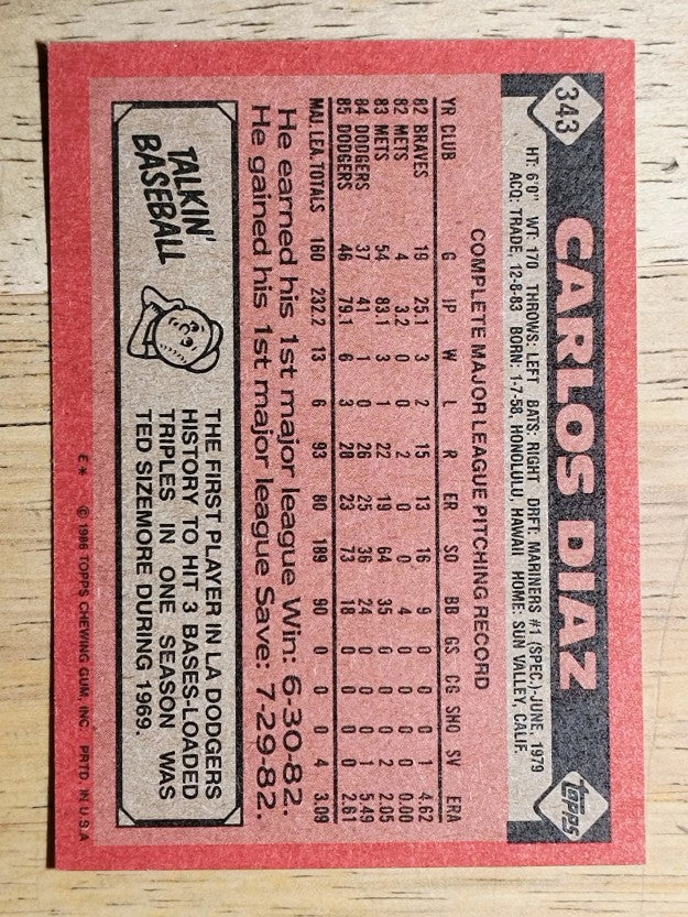 1986 Topps #343 Carlos Diaz
