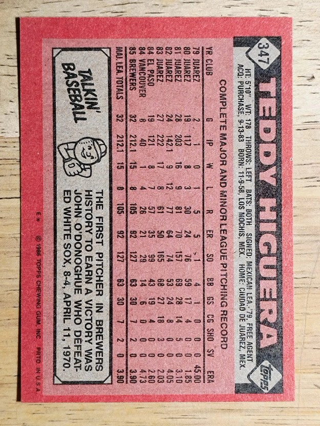 1986 Topps #347 Teddy Higuera RC