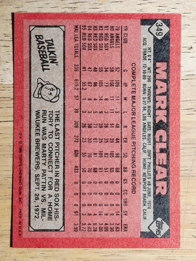 1986 Topps #349 Mark Clear