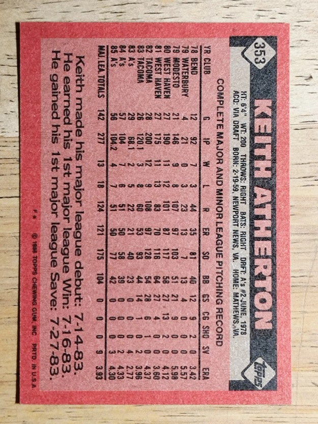 1986 Topps #353 Keith Atherton