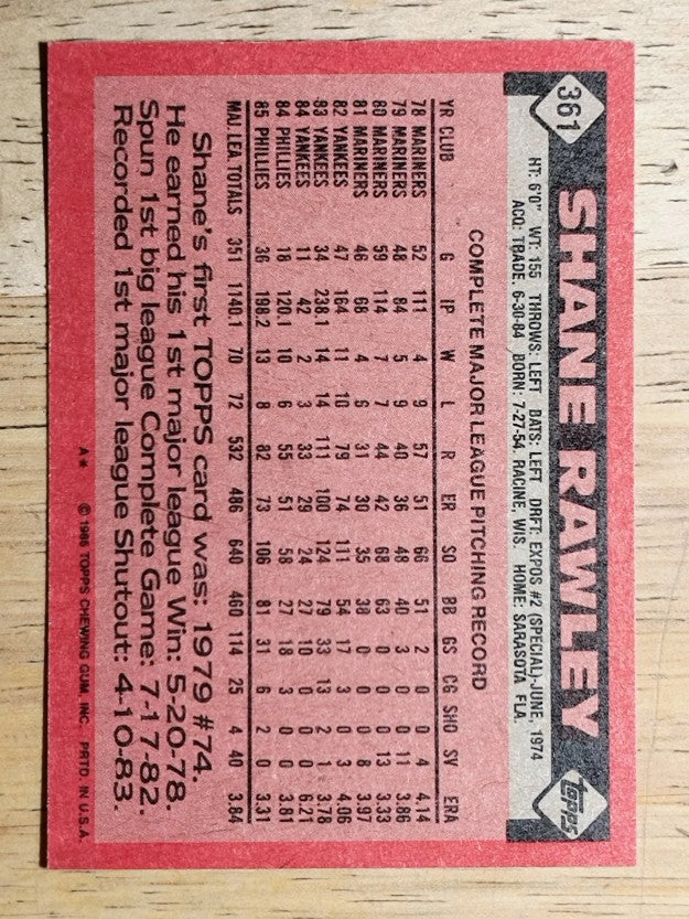 1986 Topps #361 Shane Rawley