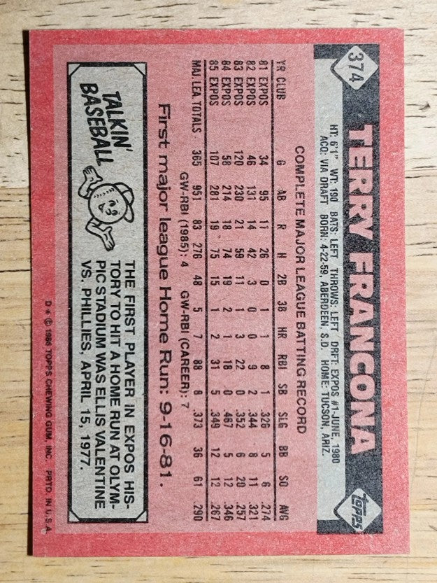 1986 Topps #374 Terry Francona