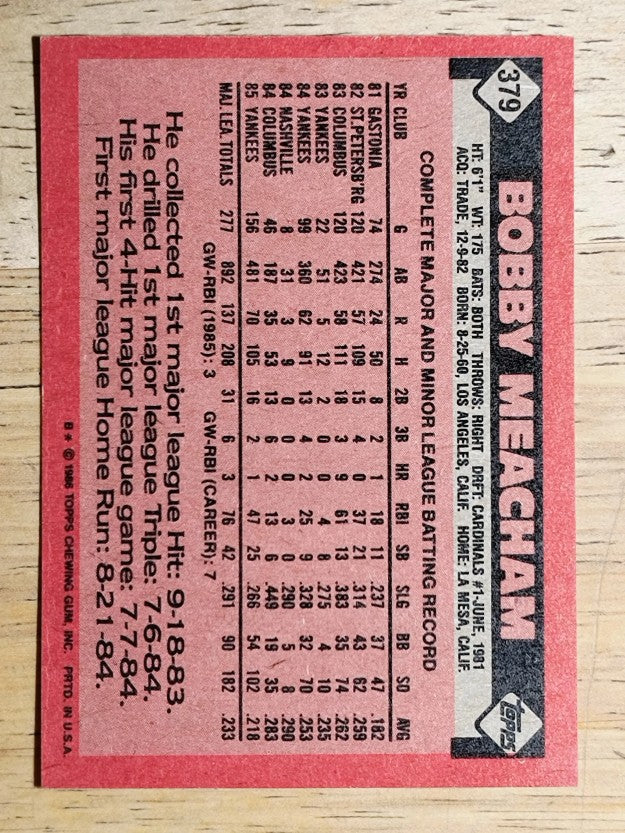 1986 Topps #379 Bobby Meacham