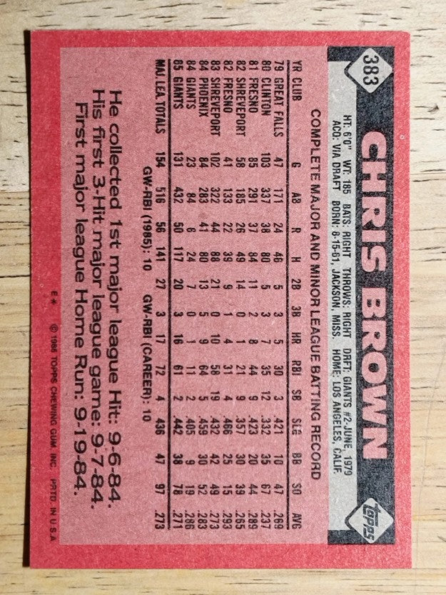 1986 Topps #383 Chris Brown RC