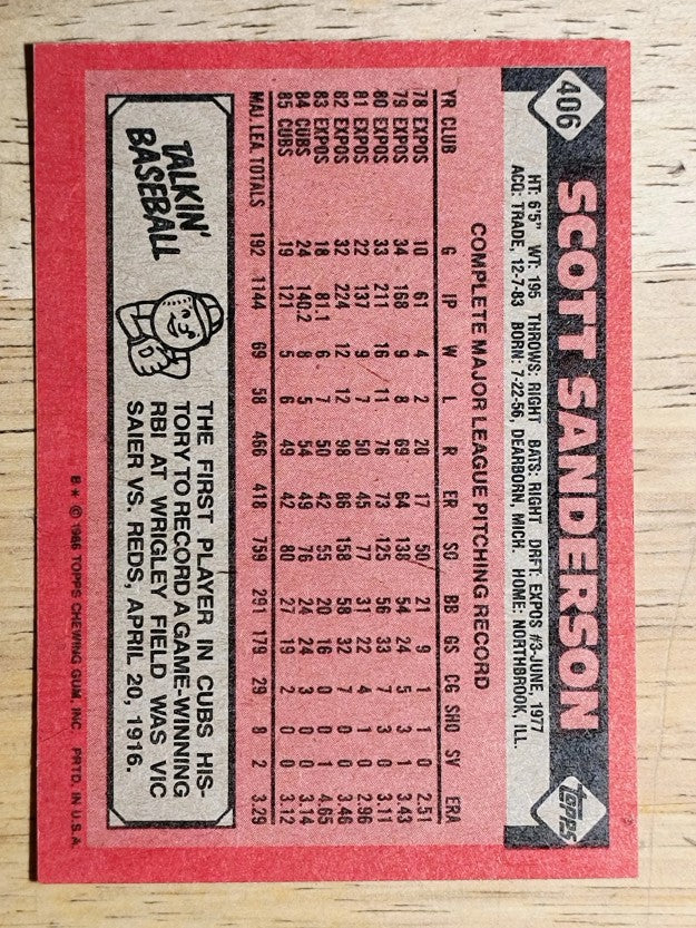 1986 Topps #406 Scott Sanderson