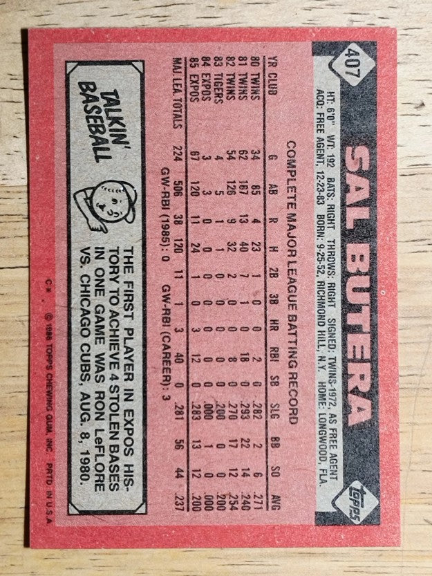 1986 Topps #407 Sal Butera