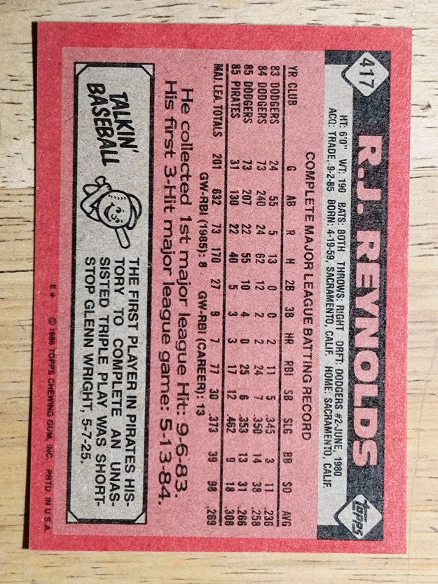 1986 Topps #417 R.J. Reynolds