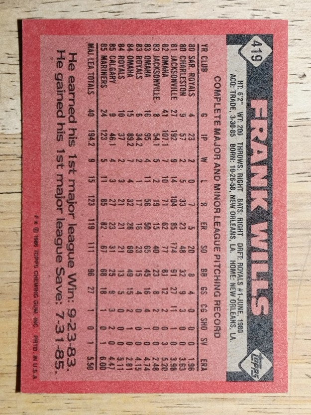 1986 Topps #419 Frank Wills
