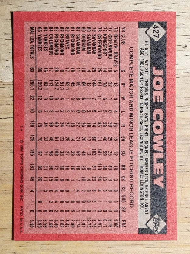 1986 Topps #427 Joe Cowley