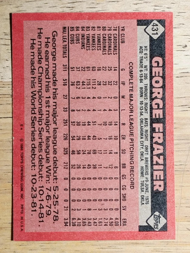 1986 Topps #431 George Frazier
