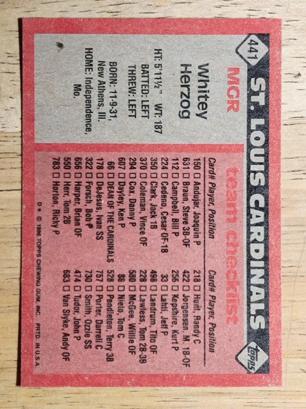 1986 Topps #441 Whitey Herzog MG