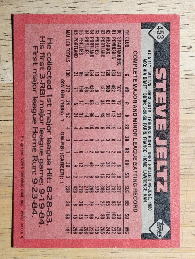 1986 Topps #453 Steve Jeltz