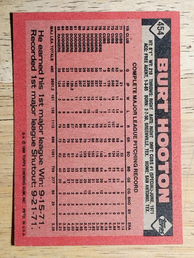 1986 Topps #454 Burt Hooton
