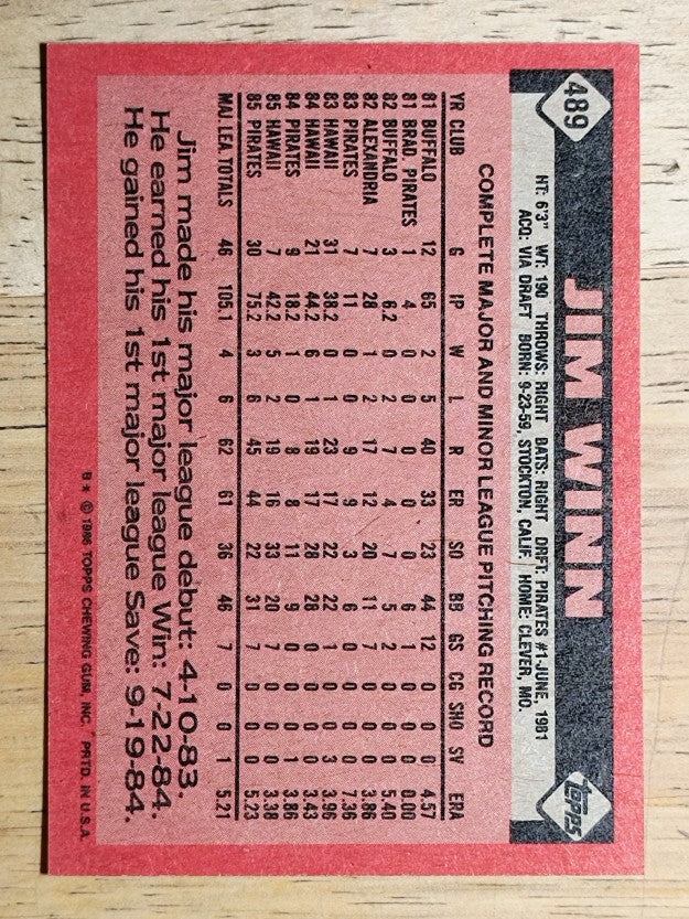1986 Topps #489 Jim Winn
