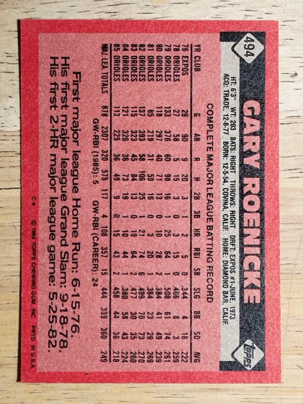 1986 Topps #494 Gary Roenicke