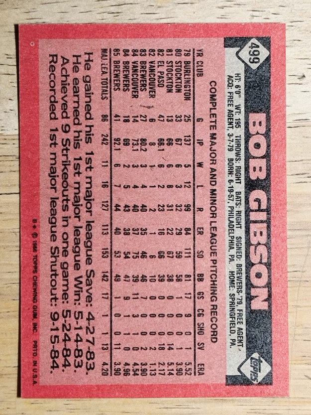 1986 Topps #499 Bob L. Gibson